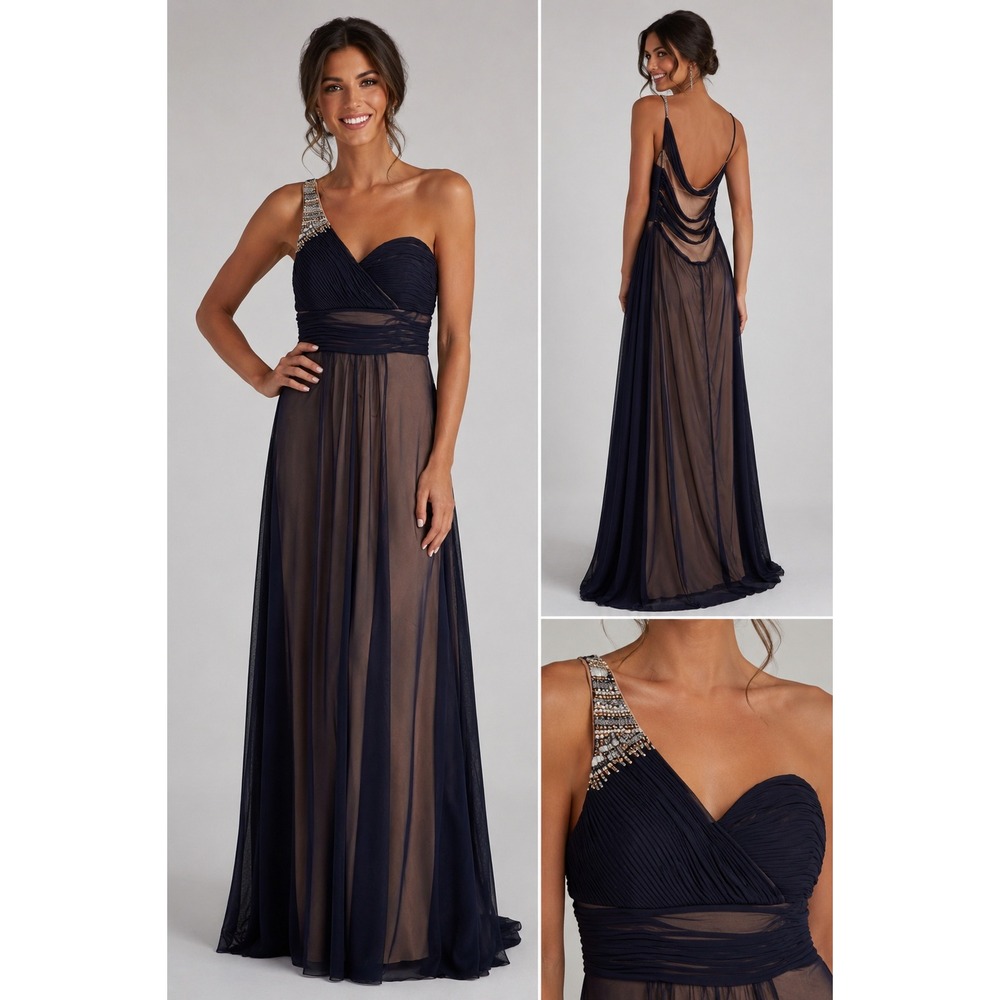 My Michelle Navy Blue One Shoulder Beaded Formal Gown Dress 11 2684XX2S